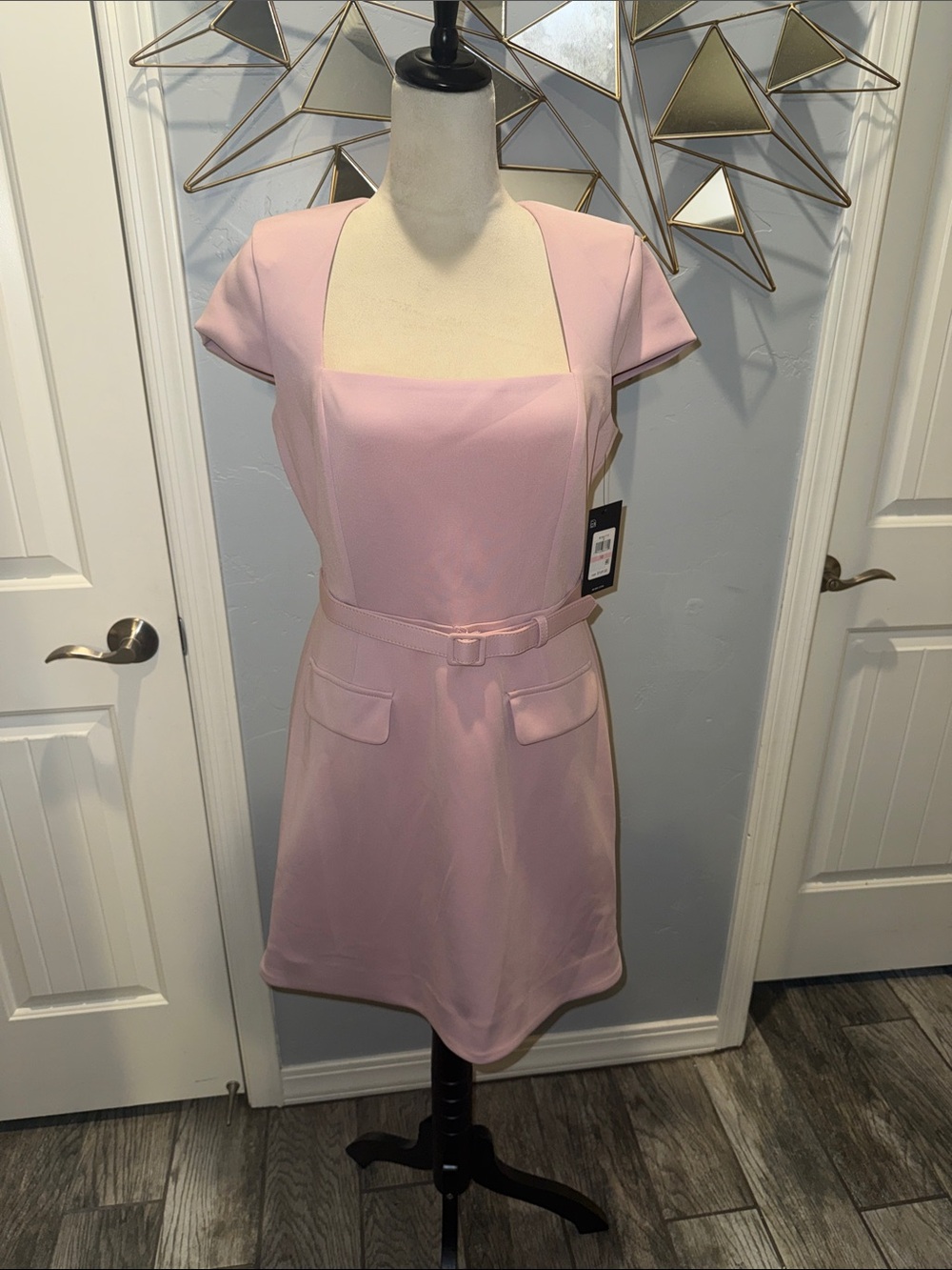 BCBG Powder Pink Square-Neck Mini Dress with Belt